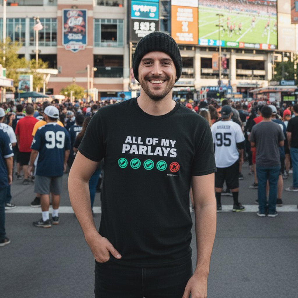Man wearing a black t-shirt with 'All of My Parlays' text at a sports event.