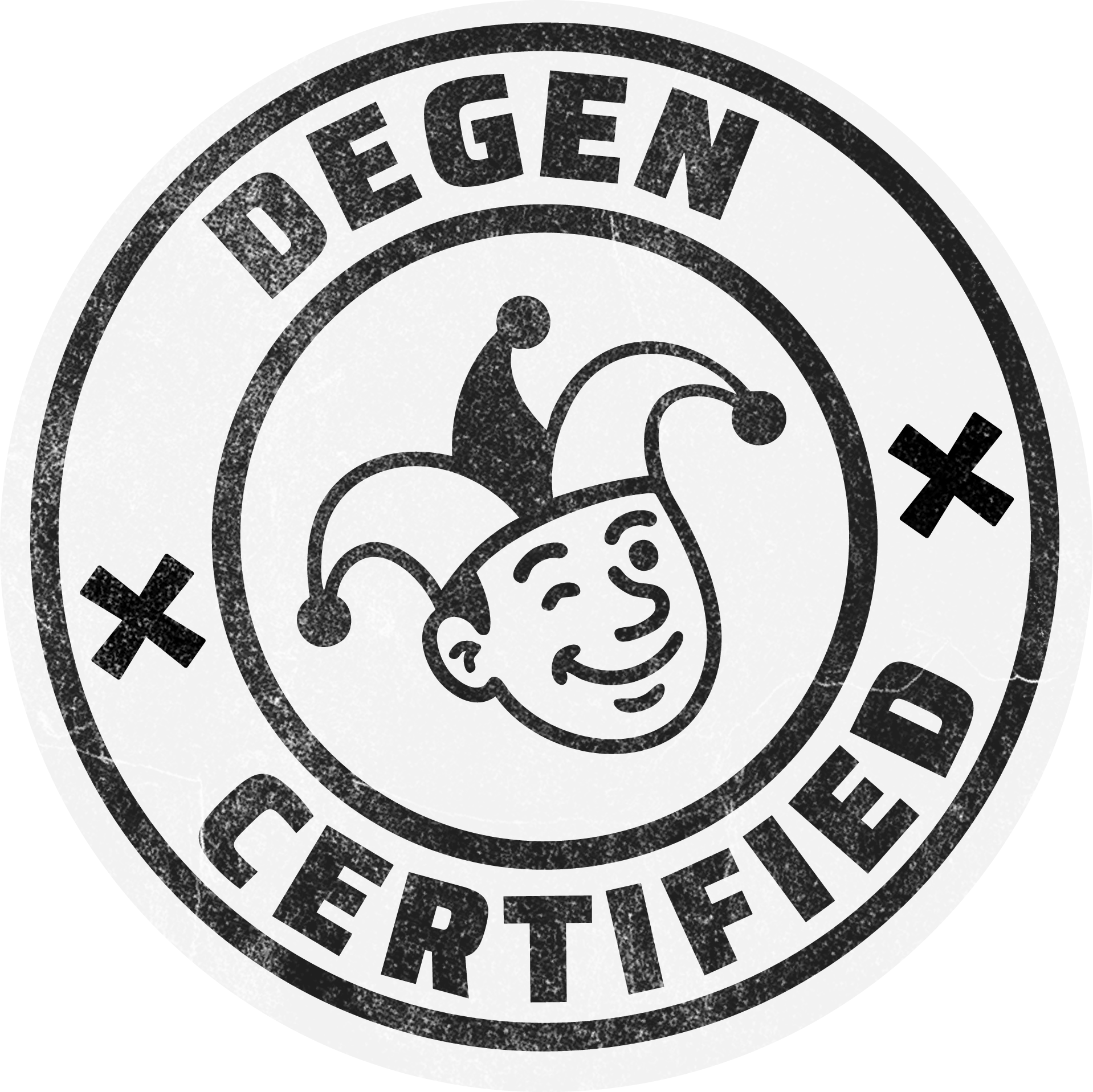 Circular logo with 'DEGEN CERTIFIED' text and a jester's hat design on a white background.
