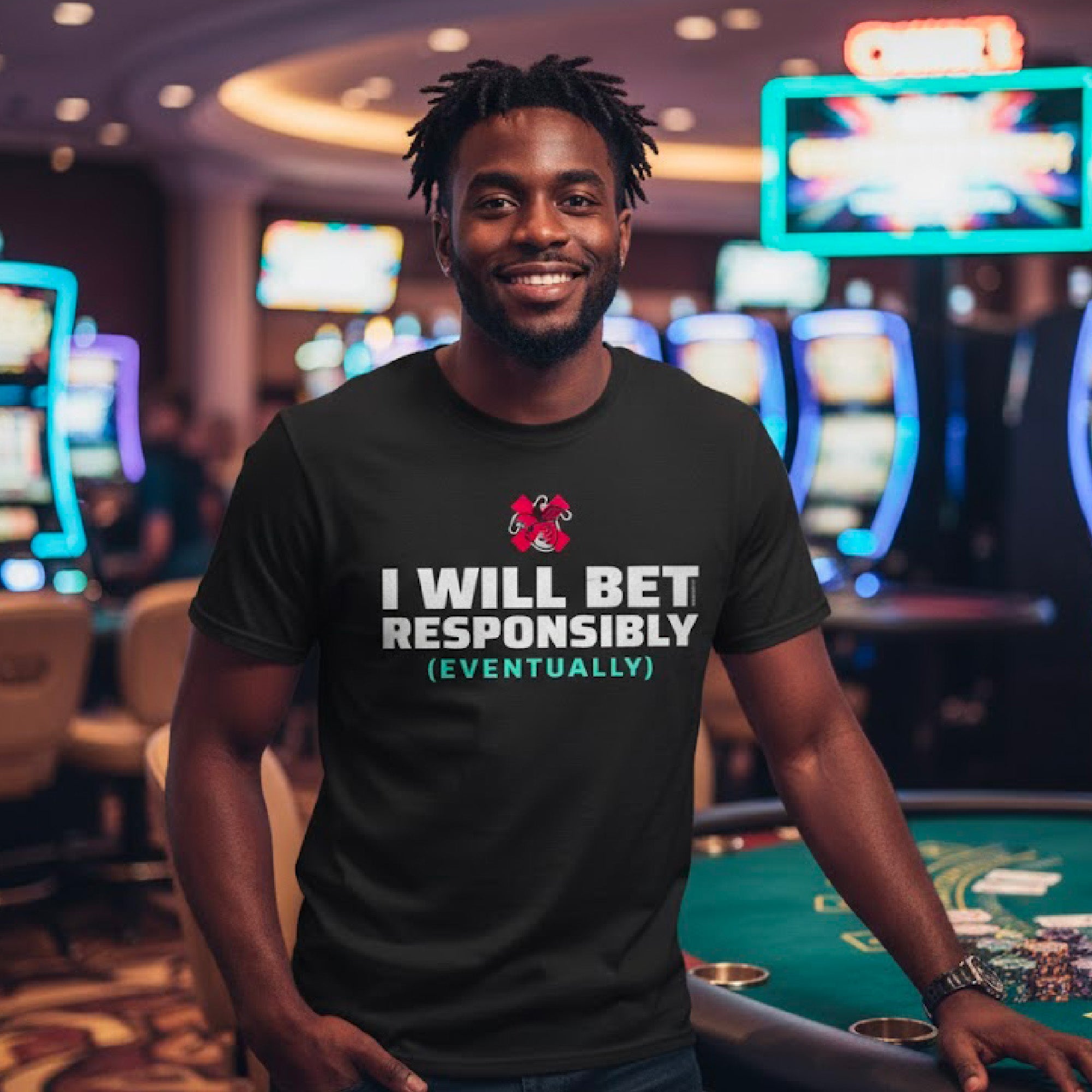 Man wearing a t-shirt with a responsible gambling message in a casino setting
